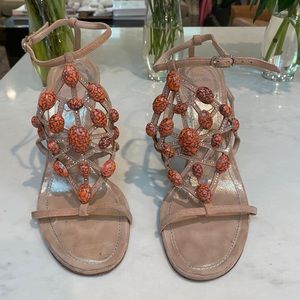 Rene Caovilla coral stone and crystal sandal stilletoes IT 38/US 8